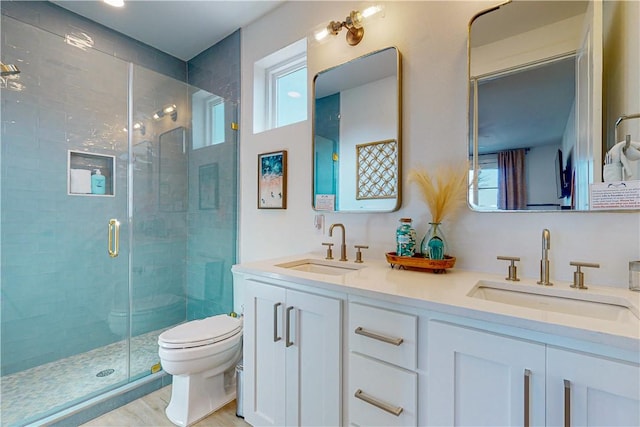 bathroom with vanity, wood-type flooring, a shower with shower door, and toilet