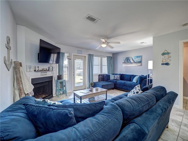 living room with ceiling fan