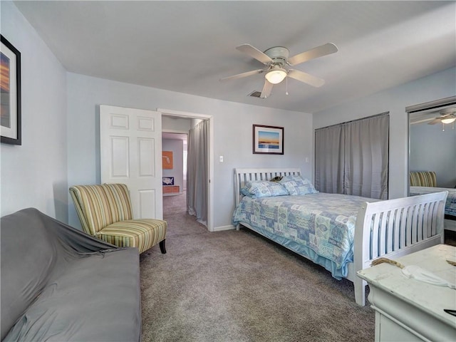 bedroom featuring ceiling fan and carpet flooring