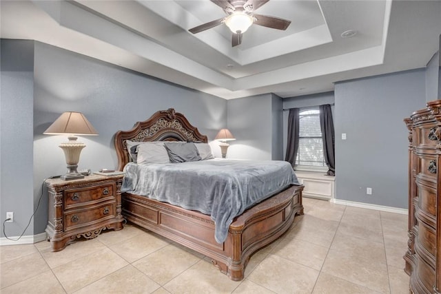 4465 S Oak Cir, Robstown, TX 78380 - bedroom featuring a raised ceiling, baseboards, ceiling fan, and light tile patterned flooring