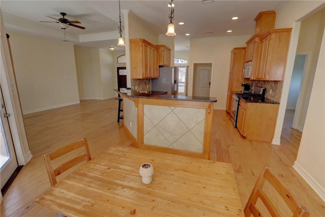 kitchen featuring appliances with stainless steel finishes, backsplash, a ceiling fan, light wood-style floors, and recessed lighting