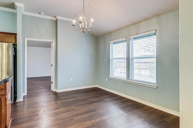 unfurnished dining area with a notable chandelier, dark wood-type flooring, ornamental molding, and vaulted ceiling