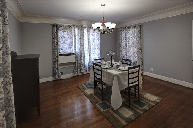 dining area with dark hardwood / wood-style floors, cooling unit, crown molding, and a notable chandelier