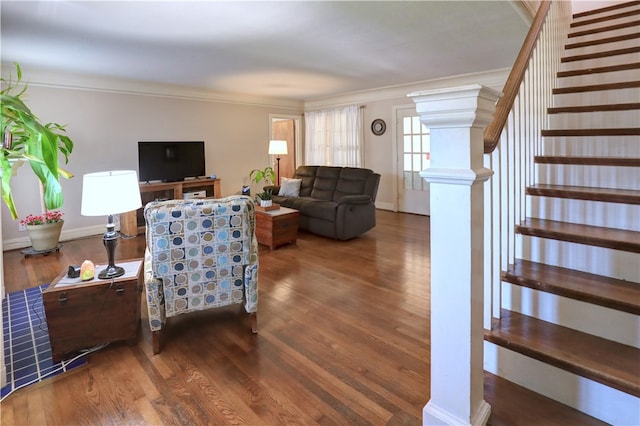 living room with ornamental molding and dark hardwood / wood-style floors