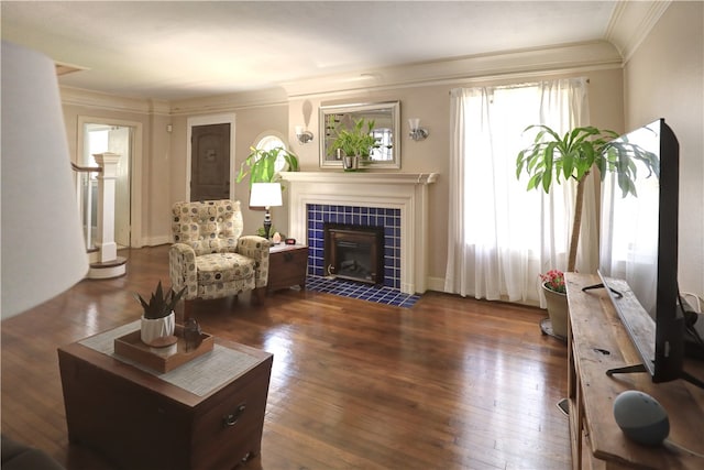 living room with a fireplace, a wealth of natural light, dark hardwood / wood-style floors, and crown molding