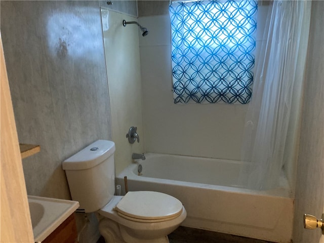 full bathroom with toilet, shower / bath combo, and vanity