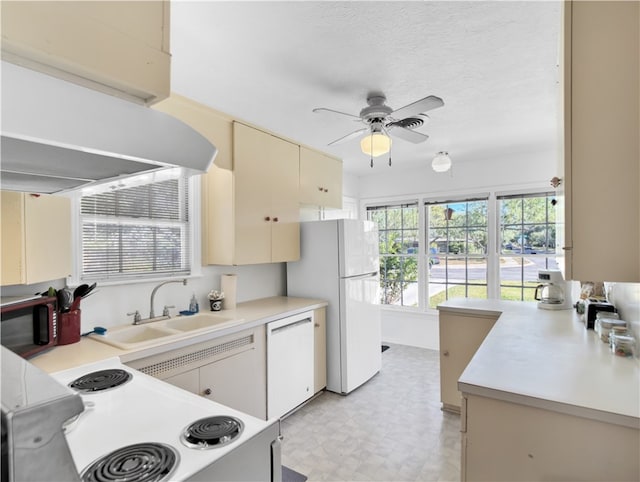 kitchen featuring white appliances, a textured ceiling, sink, ceiling fan, and cream cabinetry