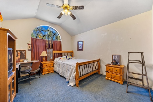 bedroom with ceiling fan, lofted ceiling, and dark colored carpet