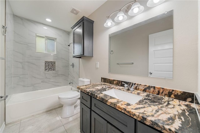 bathroom with washtub / shower combination, vanity, recessed lighting, toilet, and visible vents