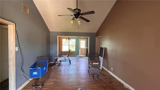 2993 Todd Cir, Ingleside, TX 78362 - living area featuring baseboards, ceiling fan, high vaulted ceiling, and wood finished floors
