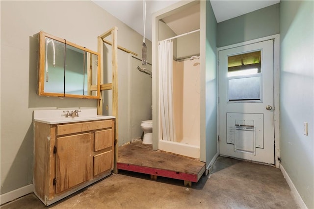 1206 Hibiscus St, Corpus Christi, TX 78405 - full bathroom with vanity, toilet, baseboards, a shower with shower curtain, and unfinished concrete flooring