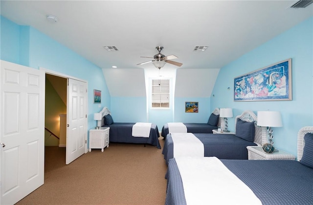 bedroom with carpet flooring, vaulted ceiling, and ceiling fan