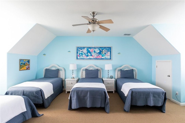 bedroom featuring carpet flooring, ceiling fan, and vaulted ceiling