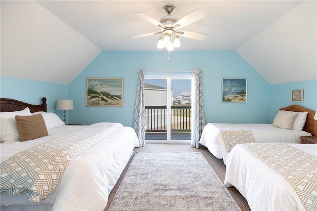 bedroom with carpet floors, access to outside, ceiling fan, and lofted ceiling