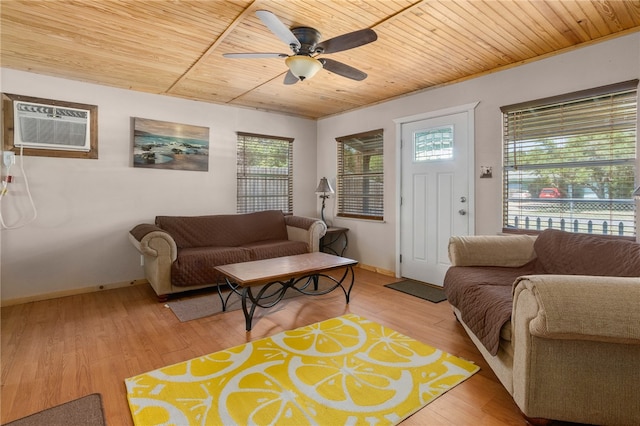 living room featuring an AC wall unit, wooden ceiling, ceiling fan, and light hardwood / wood-style flooring