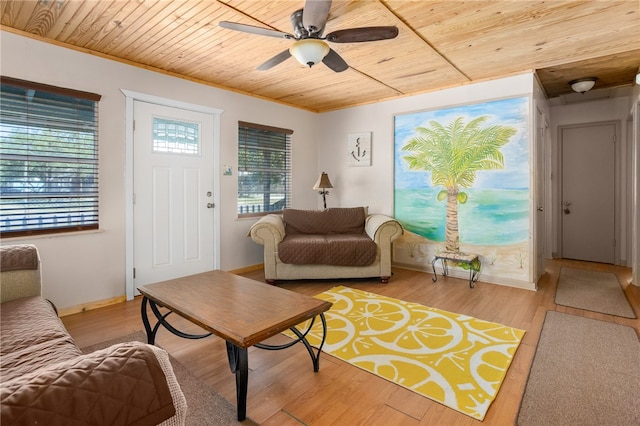 living room featuring wooden ceiling, ceiling fan, and light hardwood / wood-style flooring