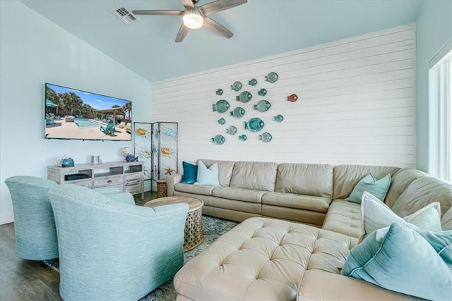 835 Ocean Side Dr, Port Aransas, TX 78373 - living room with dark wood-style floors, ceiling fan, and lofted ceiling