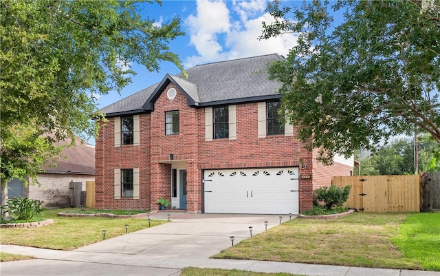 5025 Queens Ct, Corpus Christi, TX 78413 - traditional-style home with driveway, brick siding, an attached garage, and roof with shingles