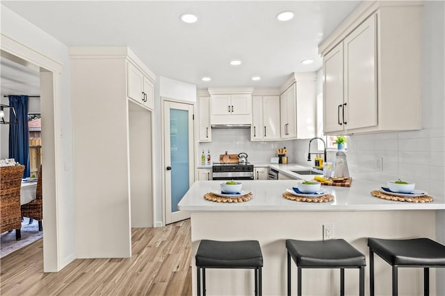 5025 Queens Ct, Corpus Christi, TX 78413 - kitchen with a peninsula, light countertops, light wood-type flooring, backsplash, and recessed lighting