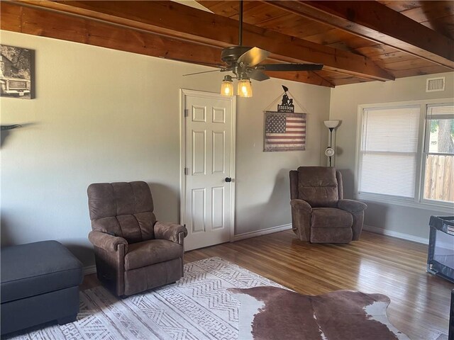 721 S 8th St, Kingsville, TX 78363 - sitting room with wood ceiling with exposed beams, wood finished floors, baseboards, and ceiling fan