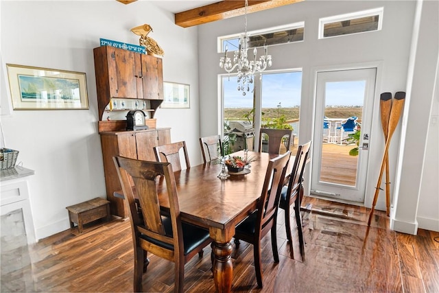 13530 Carlos Fifth Ct, Corpus Christi, TX 78418 - dining room with baseboards, a chandelier, beam ceiling, and dark wood-type flooring