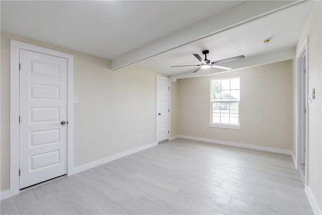 4938 Mable St, Corpus Christi, TX 78411 - unfurnished room featuring ceiling fan, light wood-style flooring, baseboards, and beamed ceiling