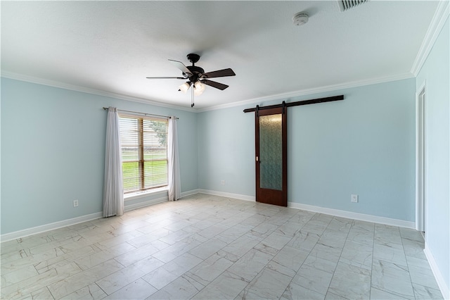 empty room with a barn door, ceiling fan, and crown molding