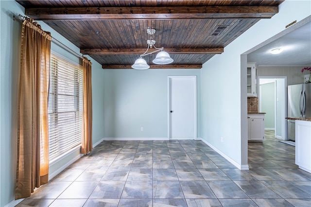 empty room featuring wooden ceiling and beam ceiling