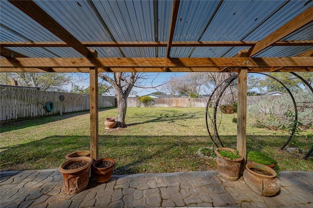 view of yard with a fenced backyard and a patio