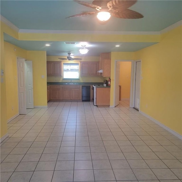 kitchen with light tile patterned floors, dark countertops, ornamental molding, range, and dishwasher