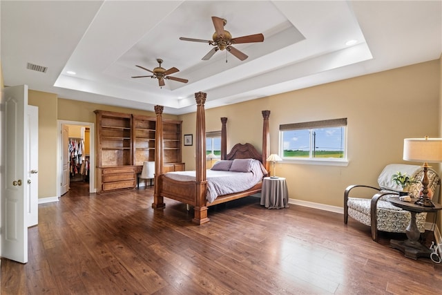 6001 King Trl, Corpus Christi, TX 78414 - bedroom featuring a raised ceiling, dark wood finished floors, recessed lighting, and ceiling fan