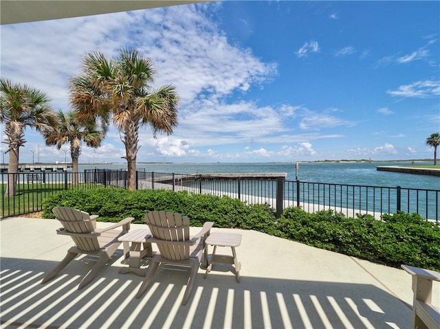 view of patio / terrace featuring a water view