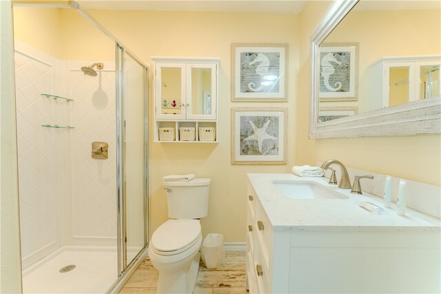 bathroom with an enclosed shower, vanity, and toilet