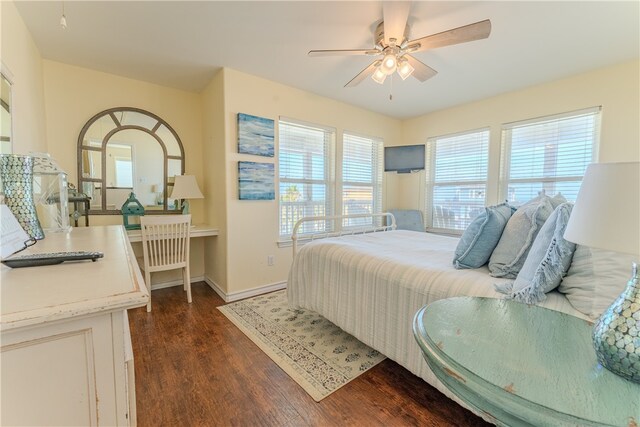 bedroom featuring ceiling fan, dark hardwood / wood-style floors, and multiple windows