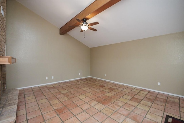 spare room with lofted ceiling with beams and ceiling fan