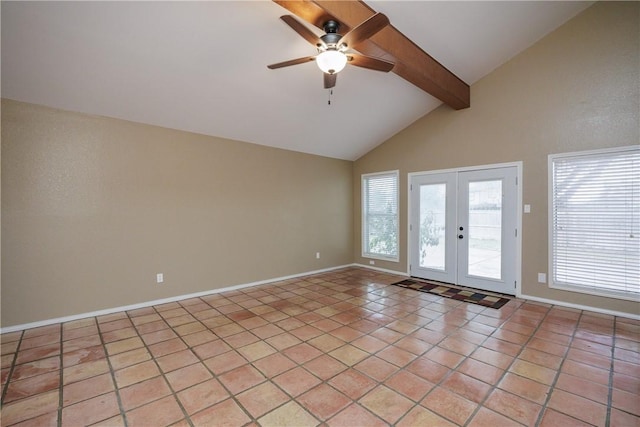 tiled empty room with ceiling fan, beam ceiling, french doors, and a healthy amount of sunlight