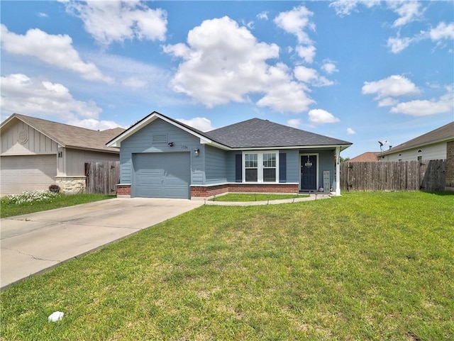 single story home featuring fence, brick siding, and concrete driveway