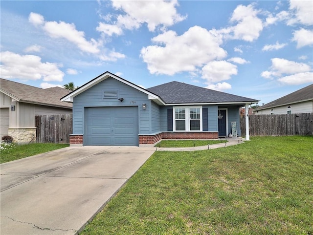 ranch-style house with a front lawn, driveway, fence, a garage, and brick siding