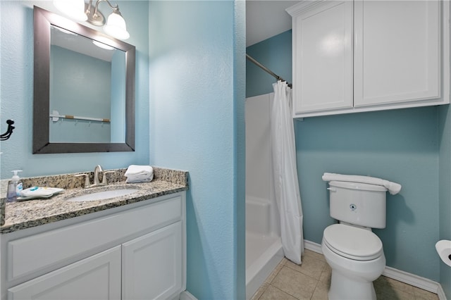 bathroom with vanity, walk in shower, tile patterned flooring, and toilet