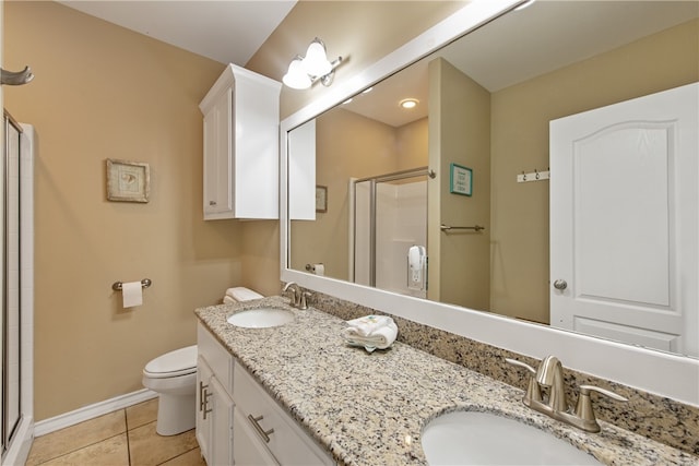 bathroom featuring tile patterned flooring, an enclosed shower, vanity, and toilet