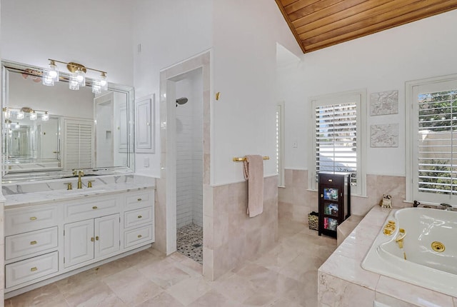 bathroom with high vaulted ceiling, vanity, separate shower and tub, and wooden ceiling