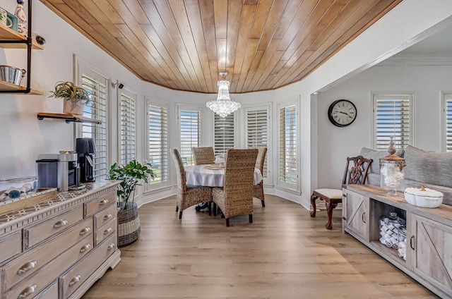 dining area featuring wooden ceiling, light hardwood / wood-style floors, and a healthy amount of sunlight