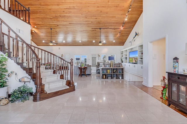 stairway featuring high vaulted ceiling, ceiling fan, wood ceiling, and track lighting