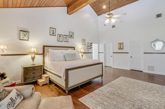 bedroom with beam ceiling, high vaulted ceiling, dark wood-type flooring, wooden ceiling, and ceiling fan