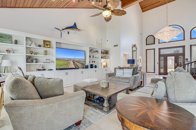 living room featuring high vaulted ceiling, ceiling fan with notable chandelier, and wood ceiling