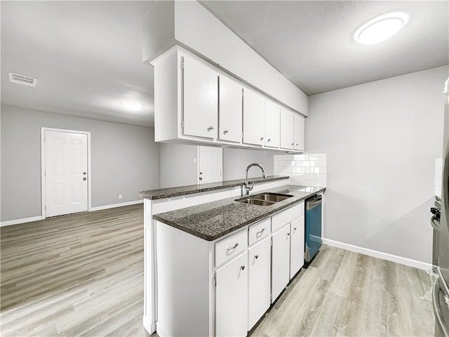 kitchen featuring sink, dishwasher, dark stone counters, decorative backsplash, and white cabinets