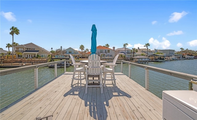 view of dock with a water view and a residential view