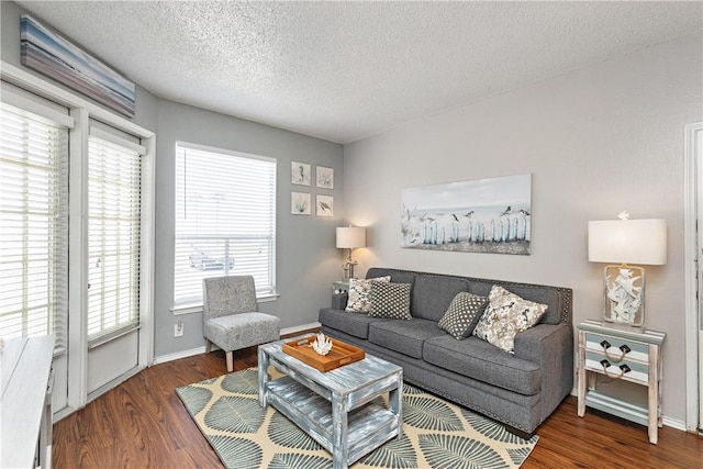 living room with a textured ceiling, baseboards, and wood finished floors