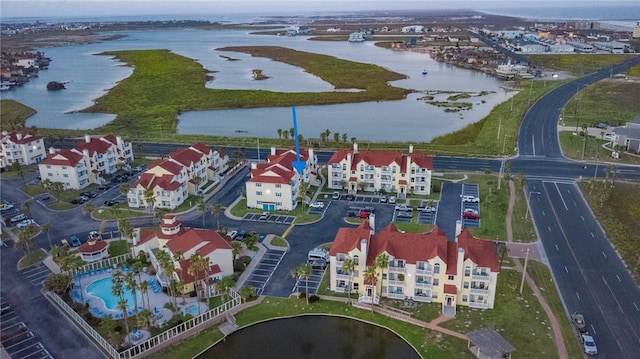 bird's eye view with a water view