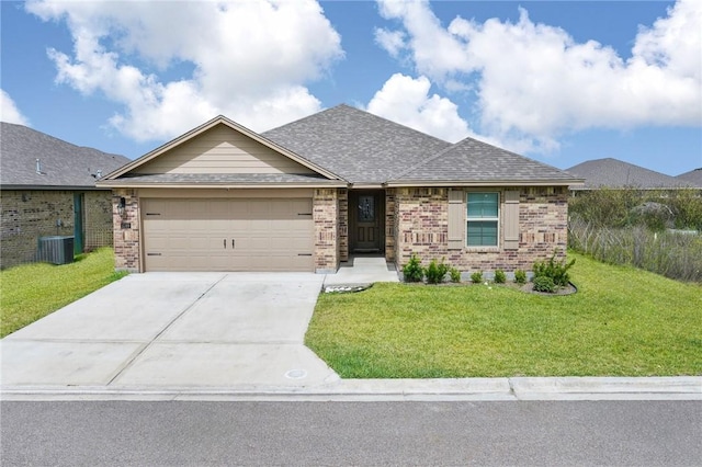 ranch-style house with cooling unit, a front yard, and a garage